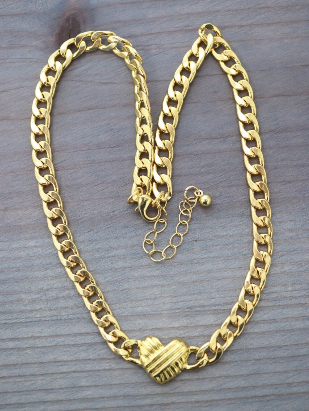 Linear Heart Charm Style Cuban Link Chain Necklace 18k Gold Plated Stainless Ste